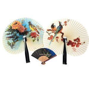 Vintage Asian Paper & Bamboo Hand Fans Set With Bird & Floral Designs je186